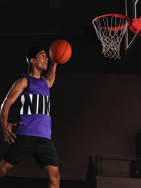

Nike Men Purple & White Brand Logo Printed Dri-FIT JSY STARTING FIVE Basket Ball T-shirt