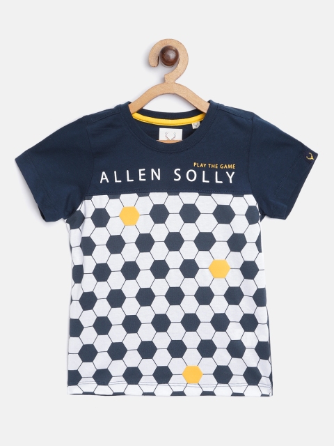 

Allen Solly Junior Boys Navy Blue & White Pure Cotton Geometric & Brand Logo Print T-shirt