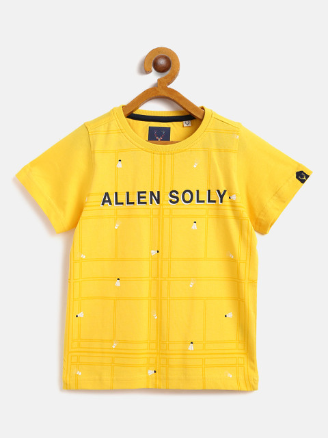 

Allen Solly Junior Boys Yellow Black Cotton Brand Logo Shuttlecock Print Pure Cotton T-shirt
