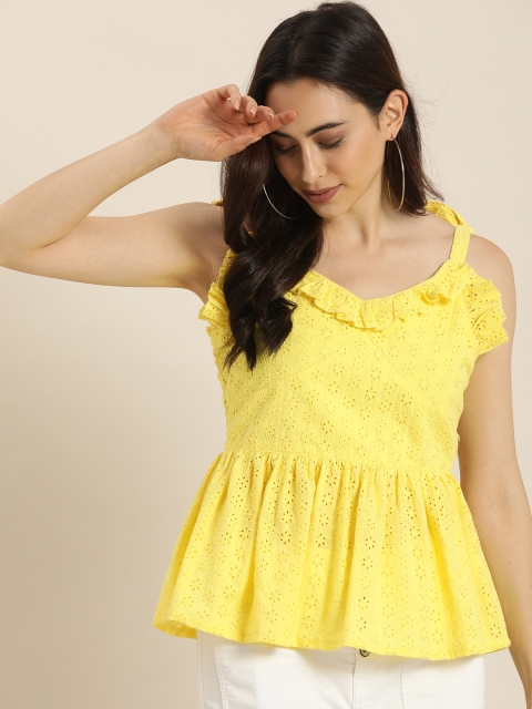 

Moda Rapido Women Bright Yellow Self Design Top