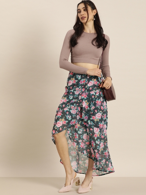 

Moda Rapido Women Charcoal Grey & Pink Floral Printed Tulip Skirt