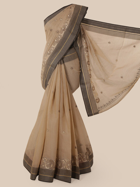 

Pothys Beige & Black Bagh Embroidered Chanderi Saree