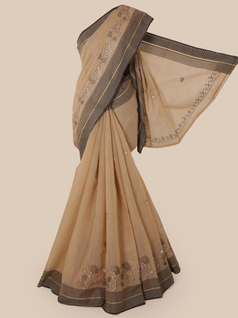 

Pothys Beige & Black Floral Embroidered Chanderi Saree