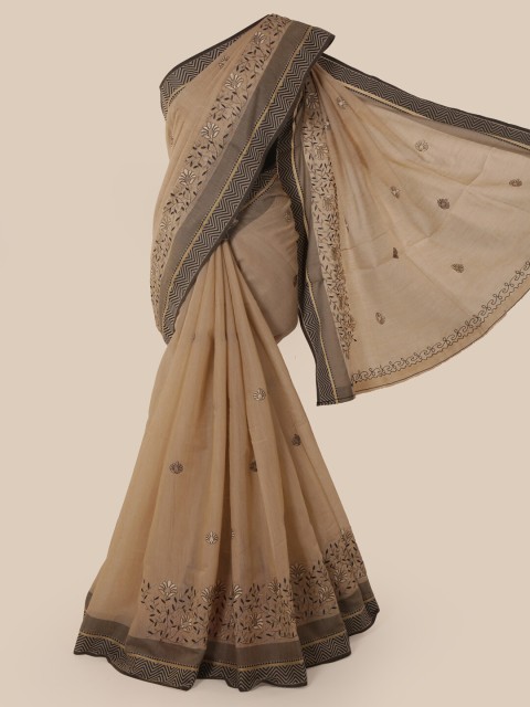 

Pothys Beige & Black Floral Embroidered Chanderi Saree