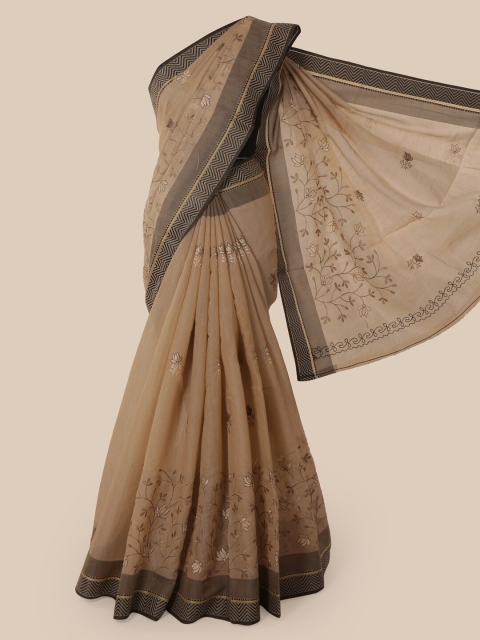 

Pothys Beige & Brown Floral Chanderi Saree