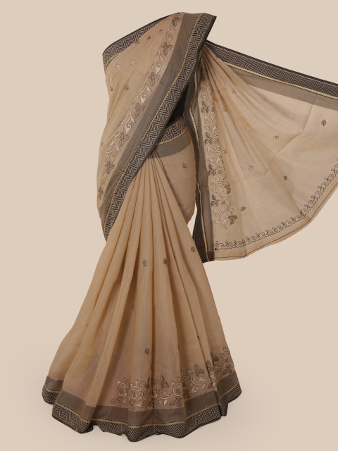 

Pothys Beige & Black Floral Embroidered Chanderi Saree