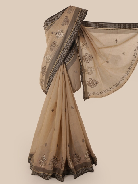 

Pothys Beige & Black Ethnic Motifs Embroidered Chanderi Saree