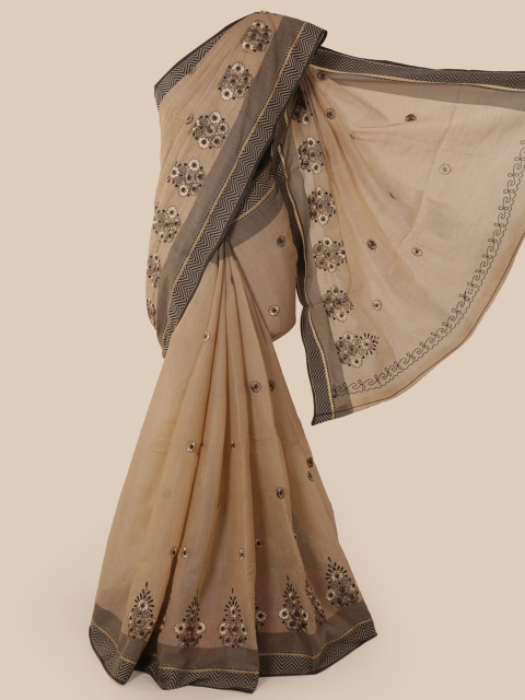 

Pothys Beige & Brown Floral Chanderi Saree