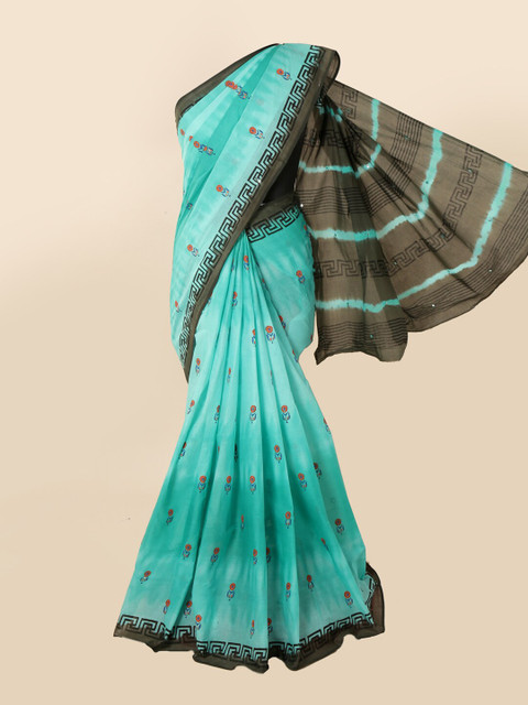 

Pothys Sea Green & Olive Floral Mirror Work Pure Cotton Saree