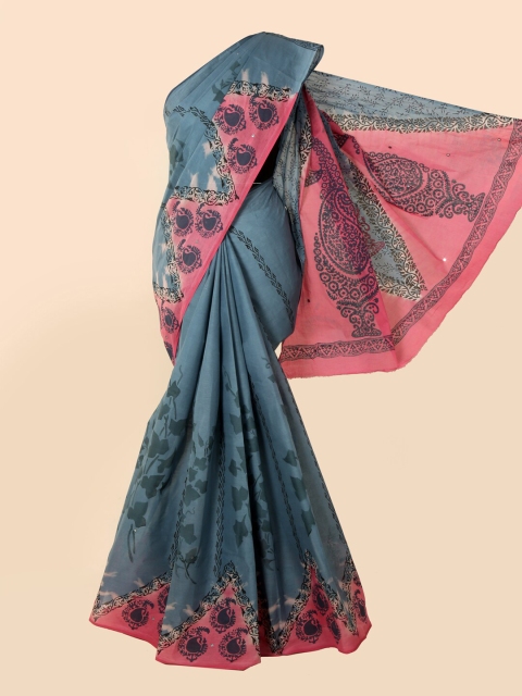 

Pothys Blue & Pink Ethnic Motifs Mirror Work Pure Cotton Saree