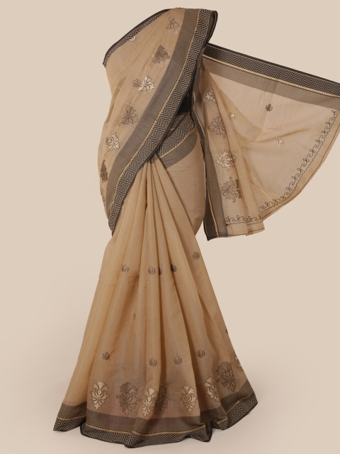 

Pothys Beige & Black Ethnic Motifs Embroidered Chanderi Saree