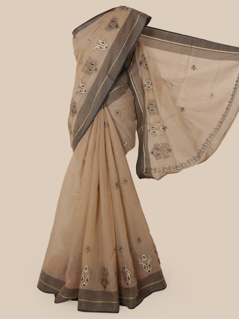 

Pothys Beige & Black Ethnic Motifs Chanderi Saree