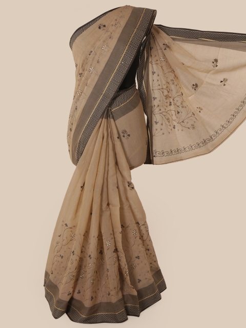 

Pothys Beige & Black Floral Chanderi Cotton Saree