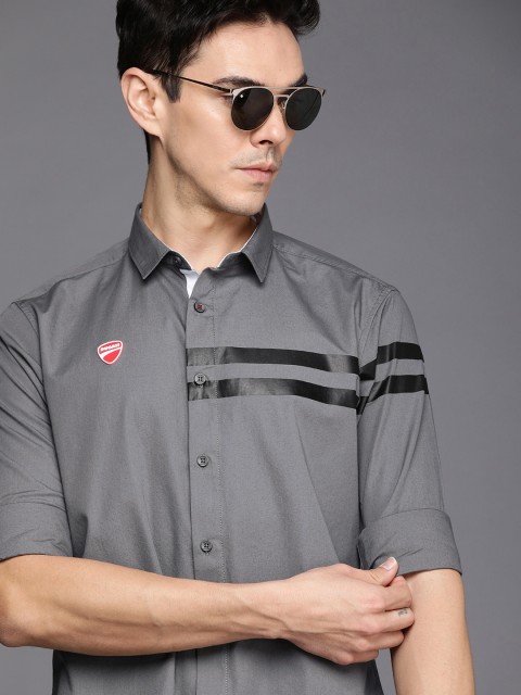

Ducati Men Grey & Black Striped Casual Shirt