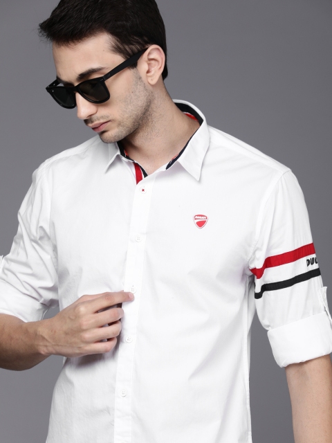 

Ducati Men White Solid Striped Sleeves Opaque Pure Cotton Casual Shirt
