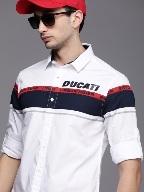 

Ducati Men White & Navy Blue Opaque Colourblocked Casual Shirt with Printed Detail