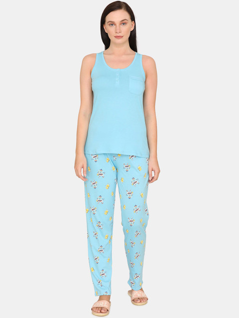 

Zivame Women Blue & Yellow Printed Pure Cotton Night suit