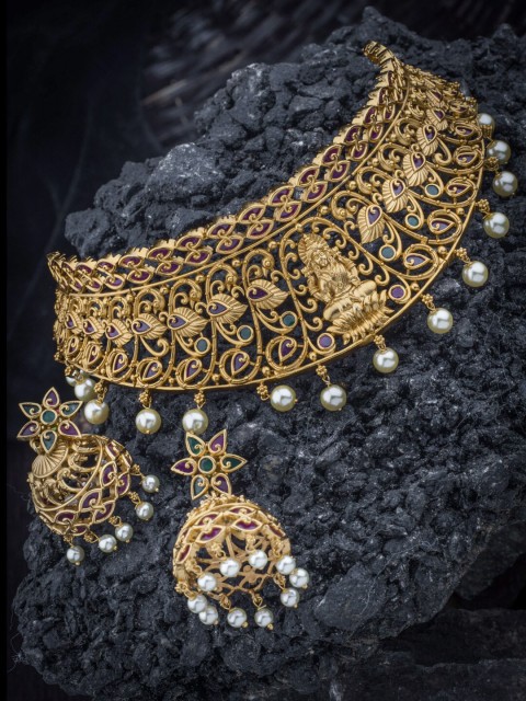 

Alankruthi Gold-Plated Green & White Stone-Studded Jewellery Set