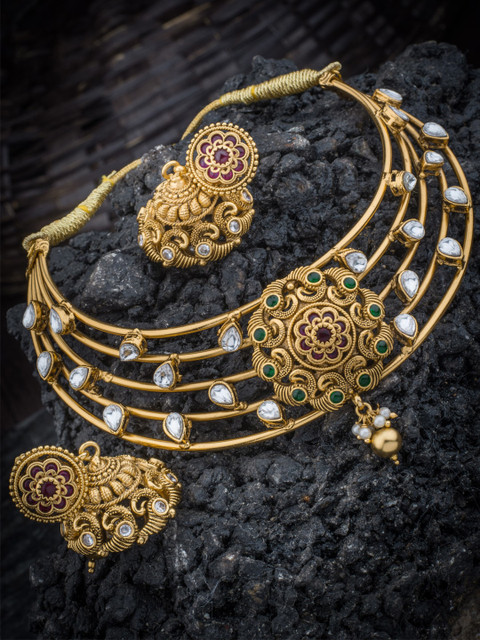 

Alankruthi Gold-Plate White Stone-Studded Temple Jewellery Set