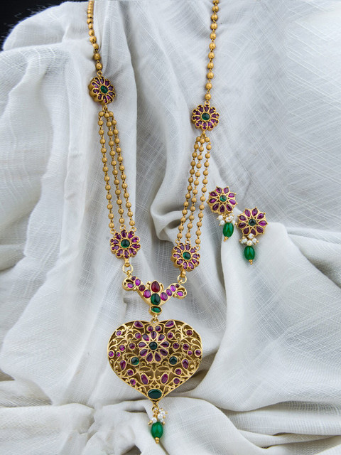 

Alankruthi Gold-Plated Purple & Green Stone-Studded Temple Jewellery Set