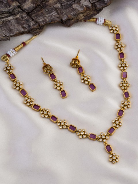 

Alankruthi Women Gold-Plated Pink & White Studded Floral Design Jewellery Set