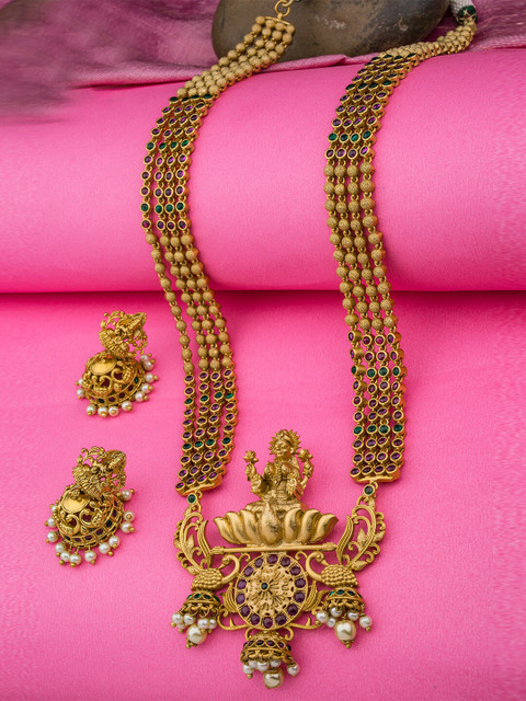 

Alankruthi Gold-Plated Green & White Stone-Studded & Beaded Temple Jewellery Set