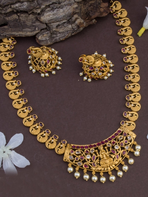 

Alankruthi Gold-Plated Pink & White Stone-Studded & Beaded Temple Jewellery Set