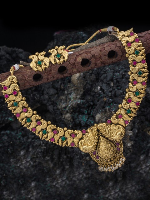 

Alankruthi Gold-Plated Magenta Pink & Green Stone-Studded & Beaded Temple Jewellery Set