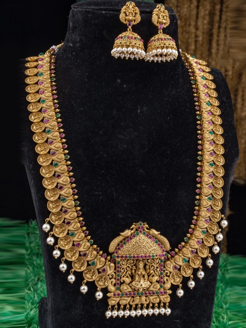 

Alankruthi Gold-Plated Pink & Green Stone-Studded & Beaded Temple Jewellery Set