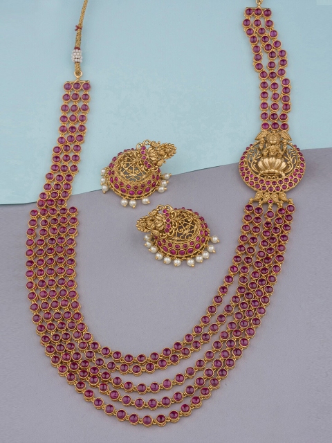 

Alankruthi Gold-Plated Pink & White Stone-Studded & Beaded Temple Jewellery Set