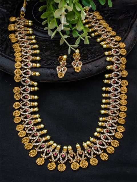 

Alankruthi Women Gold-Plated Purple & White CZ-Studded & Beaded Temple Jewellery Set