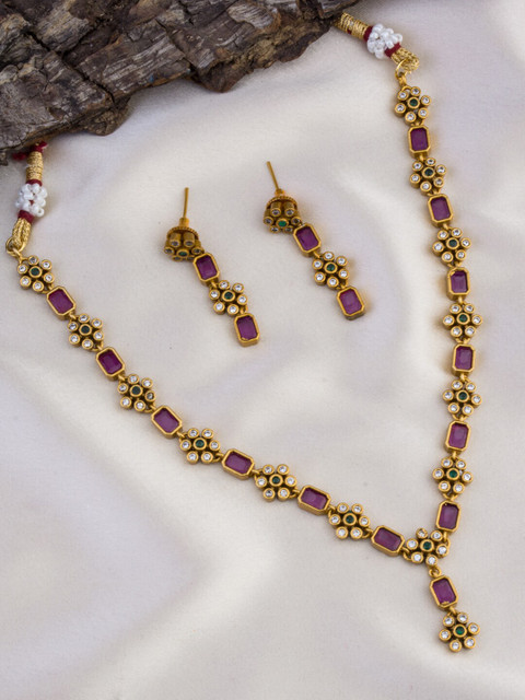 

Alankruthi Women Gold-Plated Pink & White CZ Stone-Studded Floral Design Jewellery Set