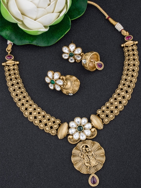 

Alankruthi Gold-Plated Pink & White Stone-Studded Temple Jewellery Set