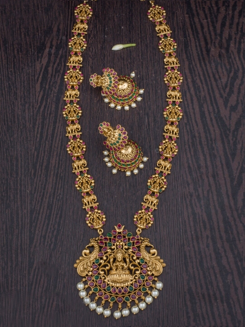 

Alankruthi Gold-Plated Pink & Green Stone-Studded & Beaded Temple Jewellery Set