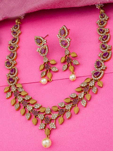 

Alankruthi Gold-Plated Purple & White Cubic Zirconia-Studded Temple Jewellery Set