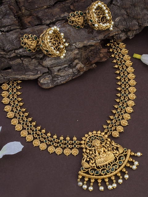 

Alankruthi Gold-Plated Green & White Stone-Studded & Beaded Temple Jewellery Set