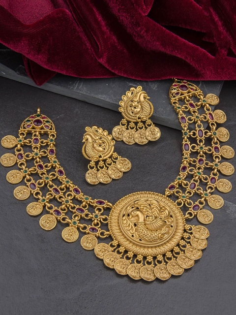 

Alankruthi Women Gold-Plated Pink & Green Stone-Studded Temple Jewellery Set