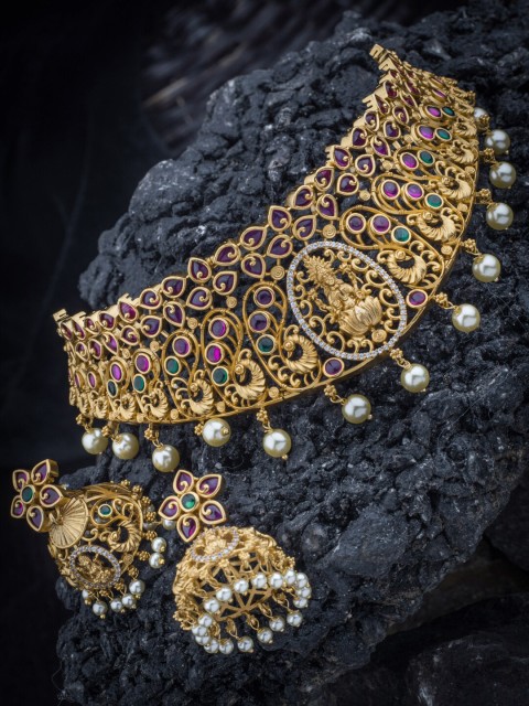 

Alankruthi Gold-Plated Pink & Green Studded & White Beaded Temple Jewellery Set
