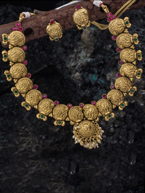 

Alankruthi Women Gold-Plated Pink & Green Stone-Studded Peacock Temple Jewellery Set