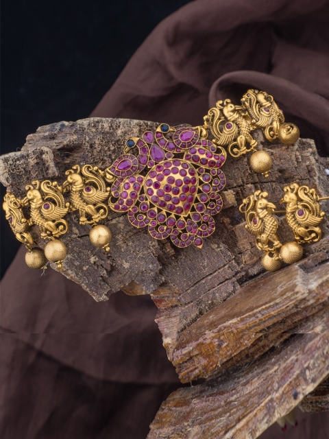 

Alankruthi Gold-Plated Pink Stone-Studded & Beaded Temple Jewellery Set