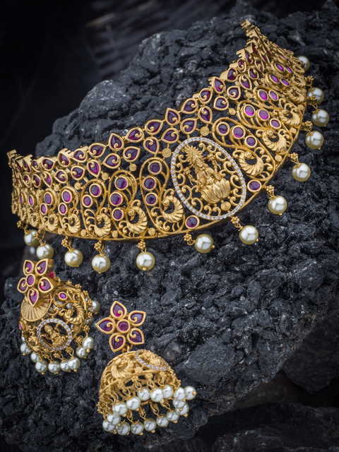 

Alankruthi Gold-Plated Pink & White Cubic Zirconia Jewellery Set