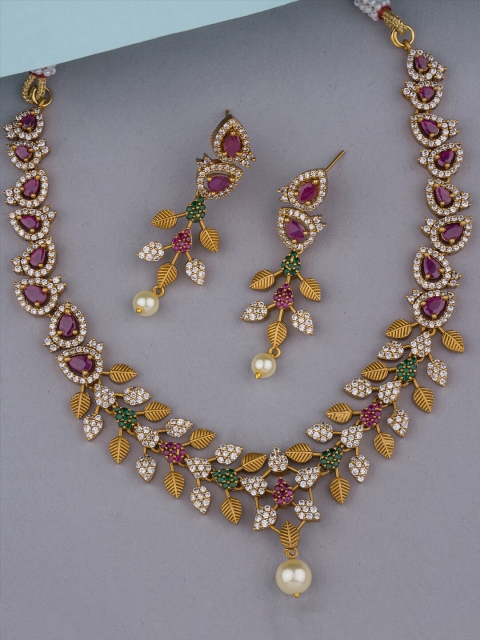 

Alankruthi Gold-Plated Pink & White CZ-Studded & Beaded Jewellery Set