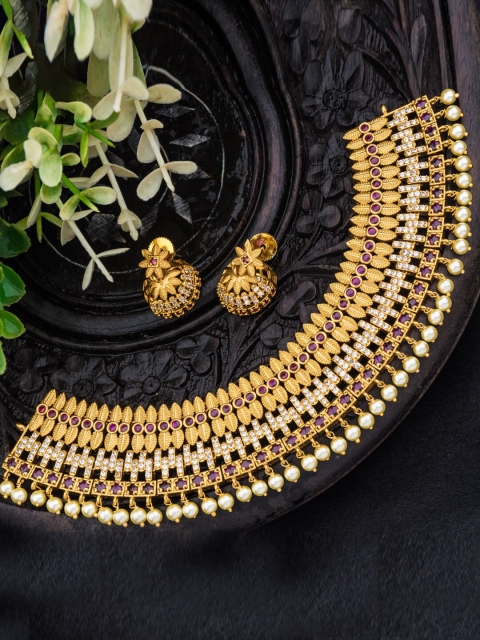 

Alankruthi Gold-Plated Purple & White Studded Beaded Temple Jewellery Set