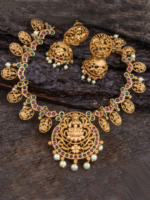 

Alankruthi Women Gold-Plated Pink & Green Stone-Studded Beaded Temple Jewellery Set