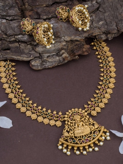 

Alankruthi Gold-Plated Green & Pink Stone-Studded & Beaded Temple Jewellery Set
