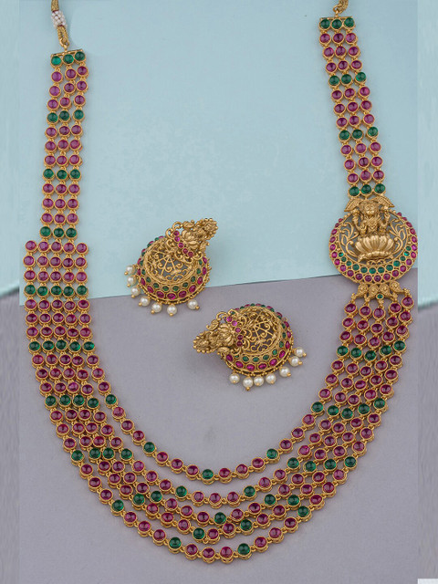 

Alankruthi Gold-Plated Pink & Green Stone-Studded & Beaded Temple Jewellery Set