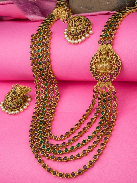 

Alankruthi Gold-Plated Pink & Green Stone-Studded & Beaded Temple Jewellery Set