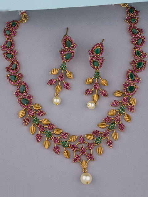 

Alankruthi Gold-Plated Pink & Green CZ-Studded & Beaded Temple Jewellery Set