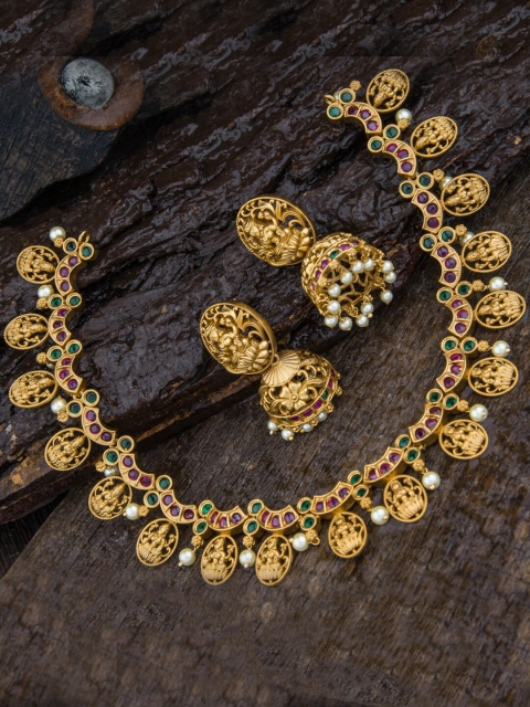 

Alankruthi Gold-Plated Pink & Green Stone-Studded & White Beaded Temple Jewellery Set