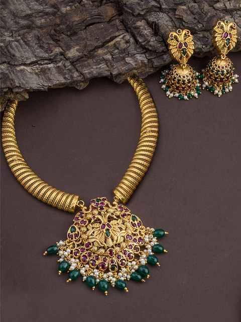 

Alankruthi Gold-Plated Pink & Green Stone-Studded & Beaded Temple Jewellery Set